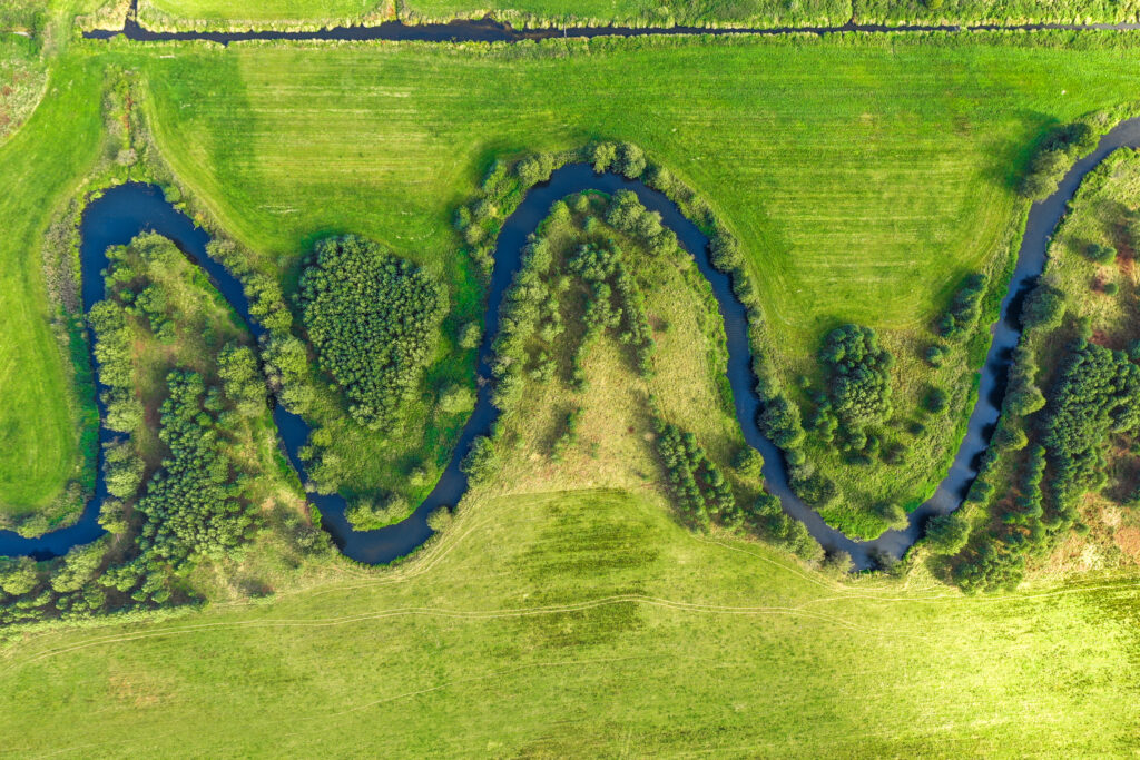 Aerial view of a river in rural landscape