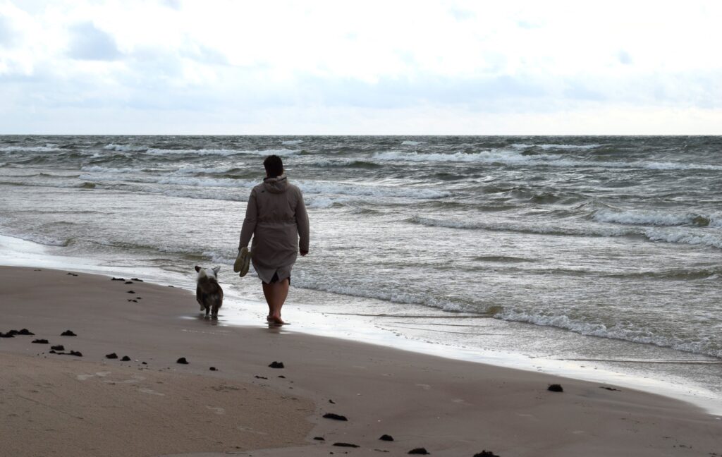 Photo of the sea, woman walking with a dog