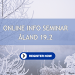 The text on the image reads: online info semianr for Åland 19.2. the background picture is on winter landscape.