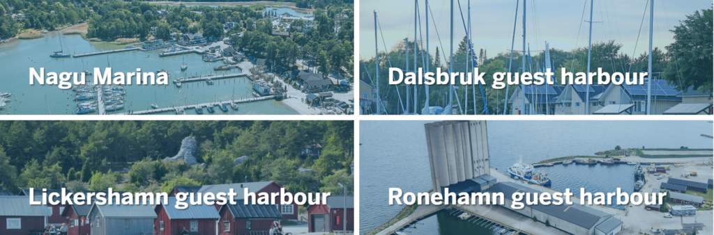 Decorative image showing names of harbours: Nagu Marina, Dalsbruk Guest harbour, Lickershamn guest harbour and Ronehamn guest harbour.