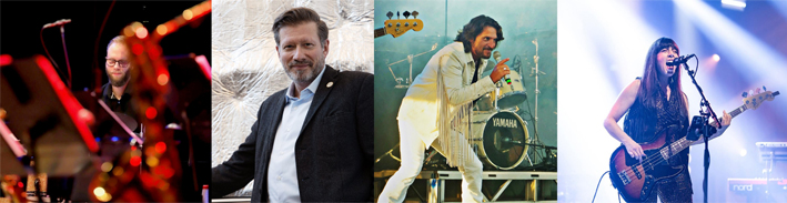 Four photos, starting from the left: a picture of a drummer playing, a headshot of Ian Plaude the rector of SMI, a picture of a lead singer, a picture of a female bass guitarist playing while singing into a microphone.