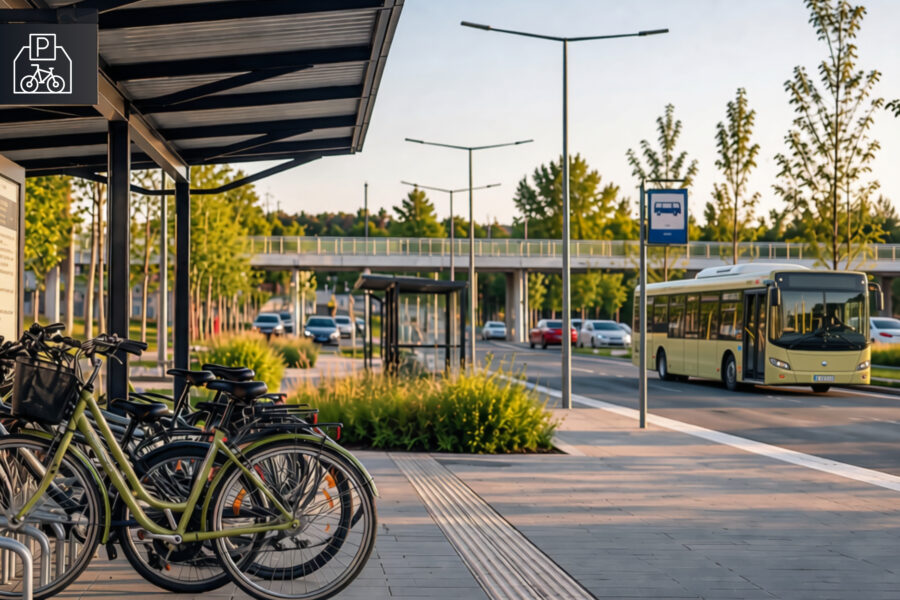 Covered bicycle parking with several bikes in the foreground and a public bus at a nearby transport stop, illustrating integrated and sustainable mobility connections.