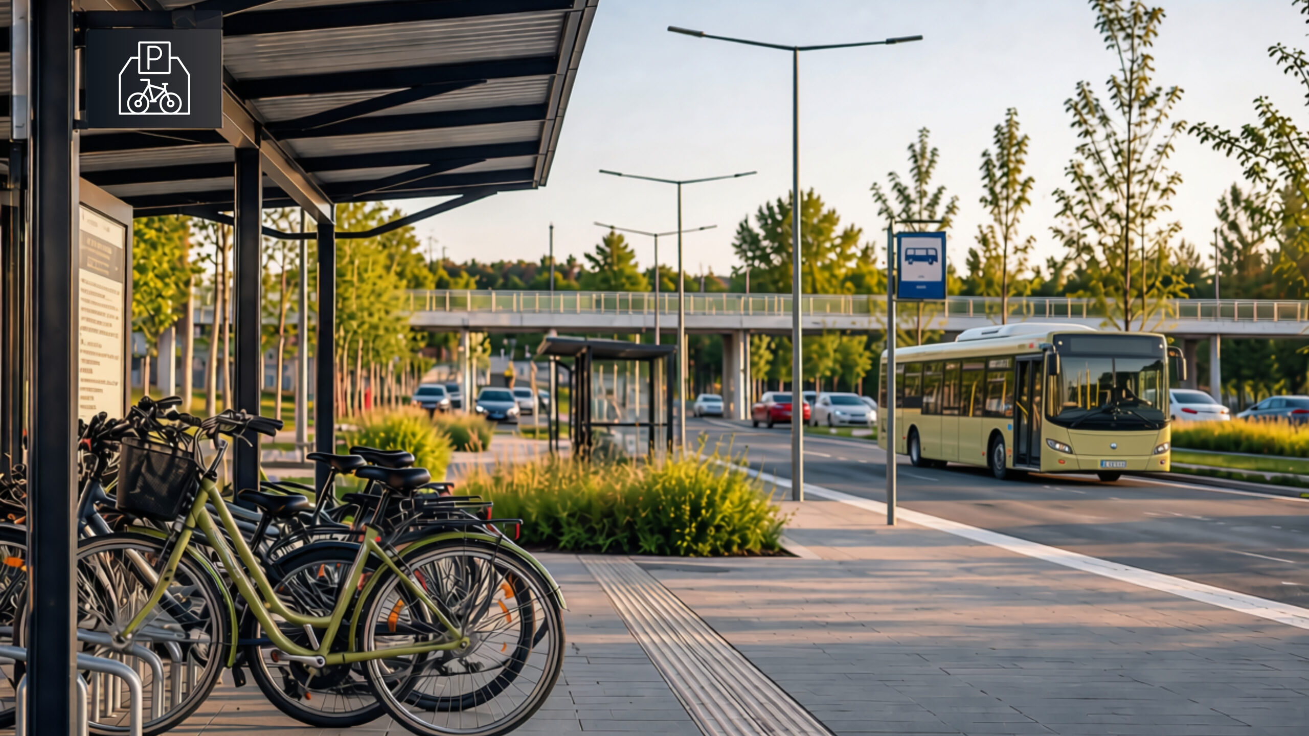 Covered bicycle parking with several bikes in the foreground and a public bus at a nearby transport stop, illustrating integrated and sustainable mobility connections.