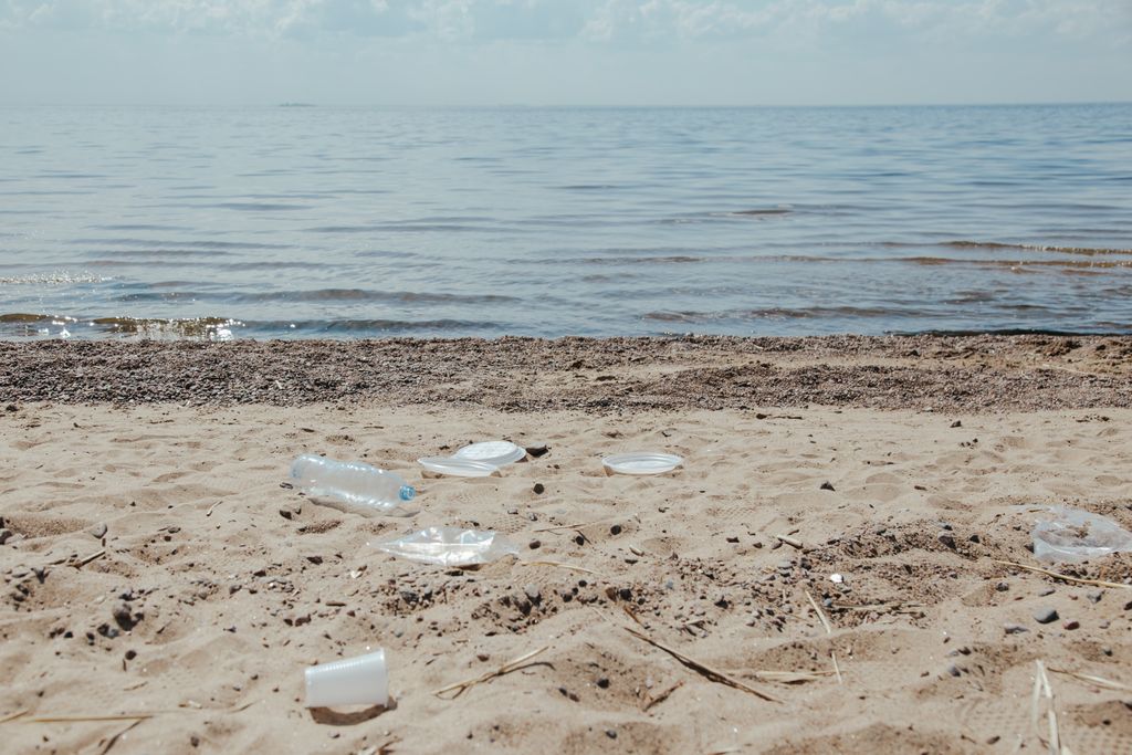 Image depicting plastic pollution and litter scattered along a sandy beach shore.