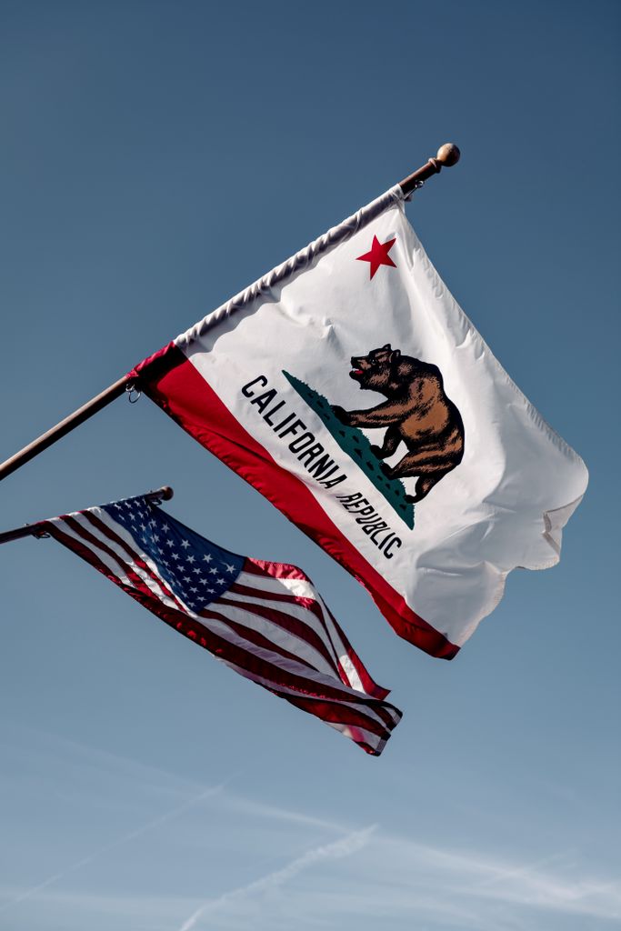 California and US flags waving against a clear blue sky in Santa Barbara, embodying American patriotism.