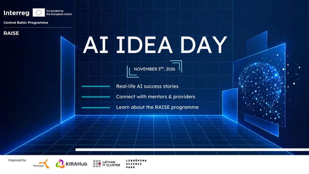 AI IDEA DAY event banner featuring a futuristic dark blue digital grid background with glowing cyan accents and an AI-inspired network sphere. The visual highlights the event date, November 3rd, 2026, and three key activities: real-life AI success stories, networking with mentors and AI solution providers, and learning about the RAISE programme.